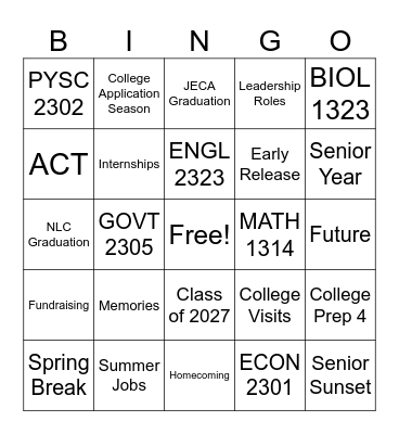 Class of 2027 Bingo Card
