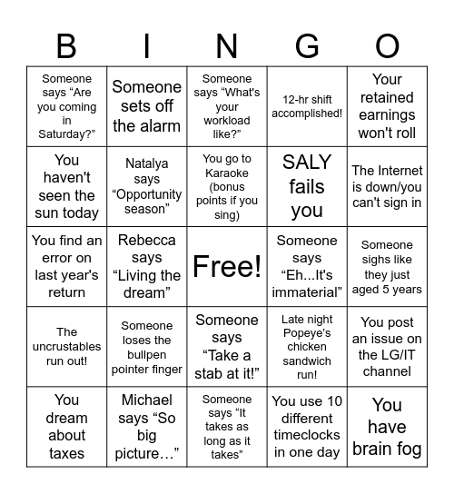 Tax Season Bingo Card