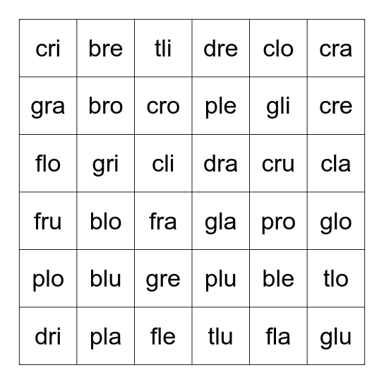 Sílabas Trabadas Bingo Card