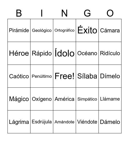 Palabras esdrújulas Bingo Card