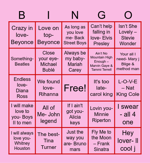 Valentines Musical Bingo Card