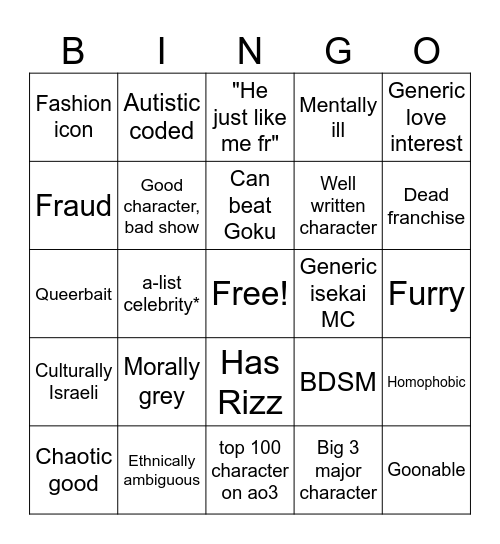Subjective bingo Card