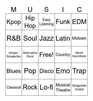 Music Genres Bingo Card