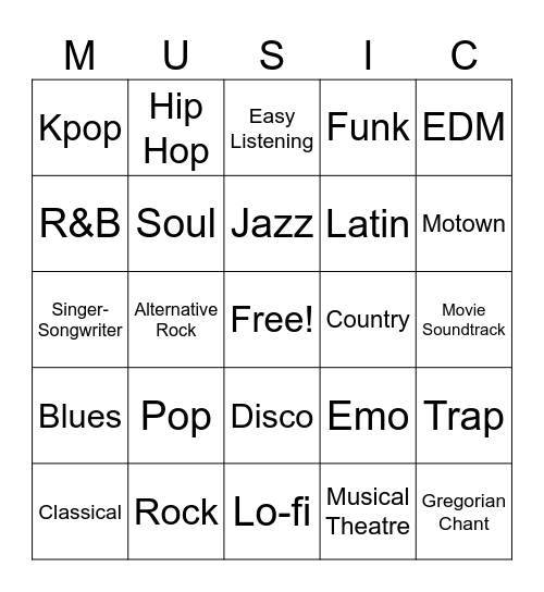 Music Genres Bingo Card