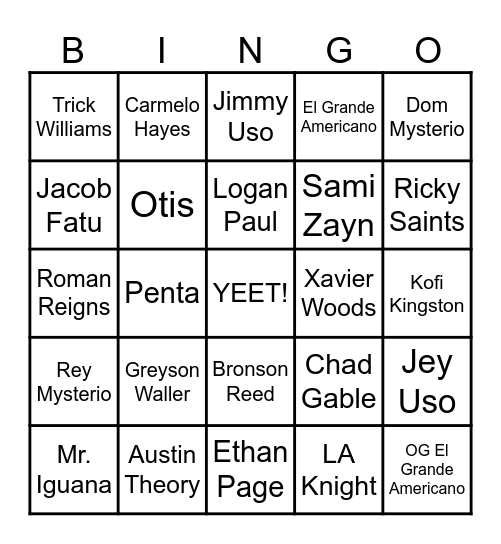 Royal Rumble Bingo Card