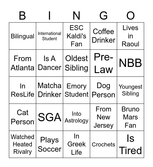ESA Orientation Bingo Card
