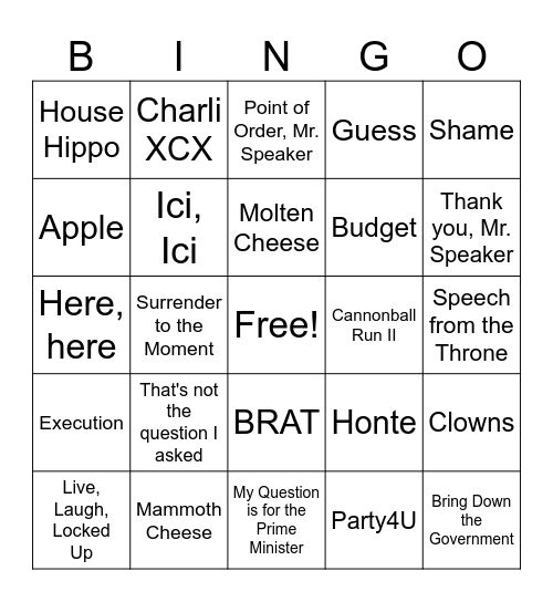 Model Parliament Bingo Card