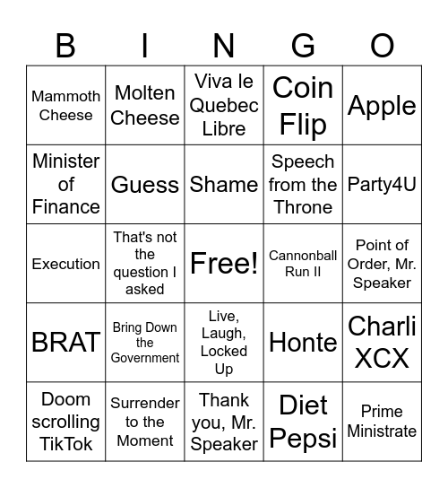 Model Parliament Bingo Card