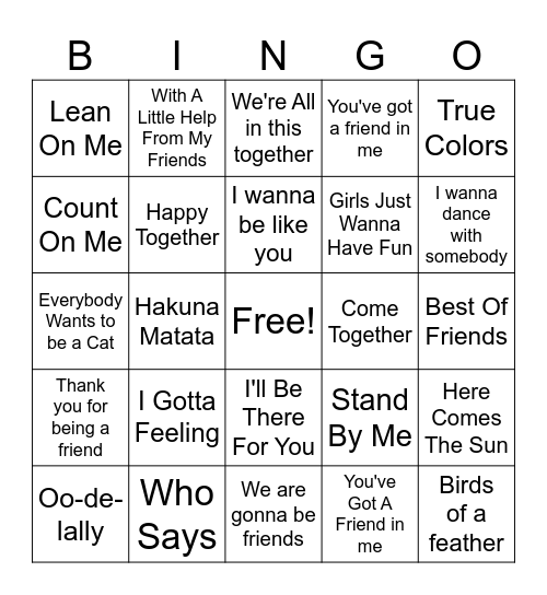 Friendship Songs Bingo Card