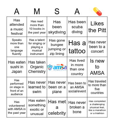 Welcome to AMSA! Bingo Card