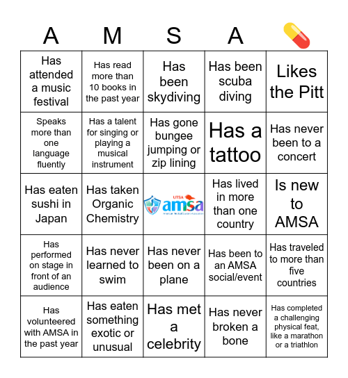 Welcome to AMSA! Bingo Card