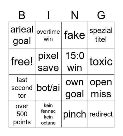 Rocket League Bingo Card