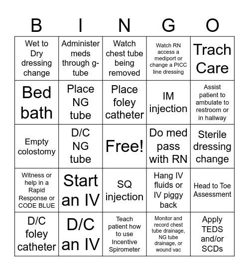 4th Semester Clinical BINGO Card