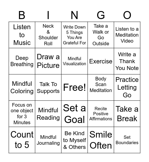 Mindfulness Bingo Card