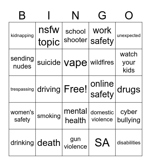 PSA Bingo Card