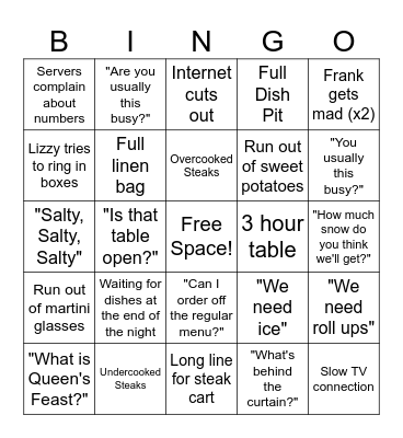 Queen's Feast Bingo Card