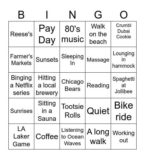 Simple Pleasures Bingo Card