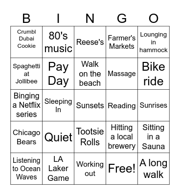 Simple Pleasures Bingo Card