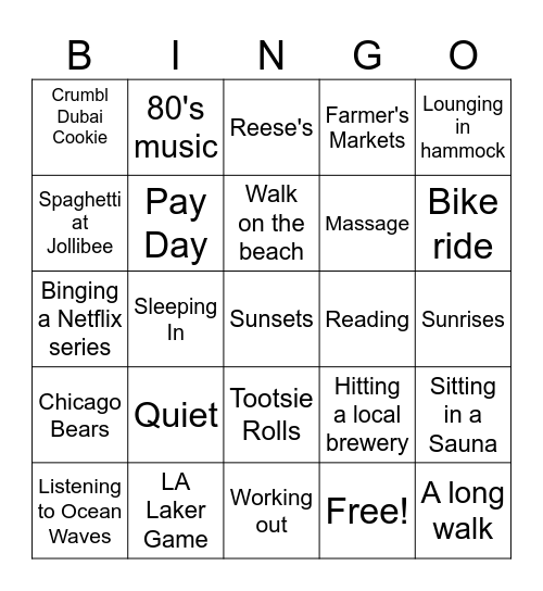 Simple Pleasures Bingo Card