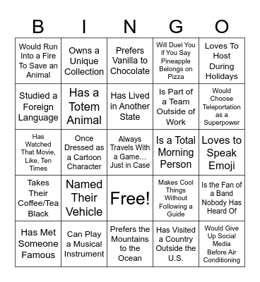 I Know Somebody Who... Bingo Card