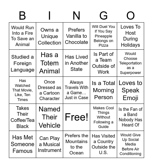 I Know Somebody Who... Bingo Card