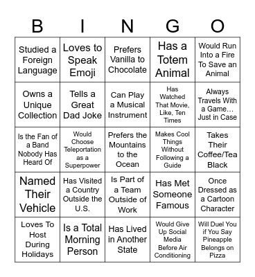 I Know Somebody Who... Bingo Card