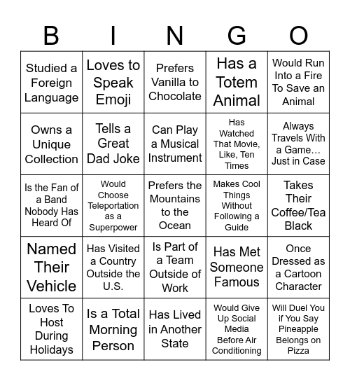I Know Somebody Who... Bingo Card
