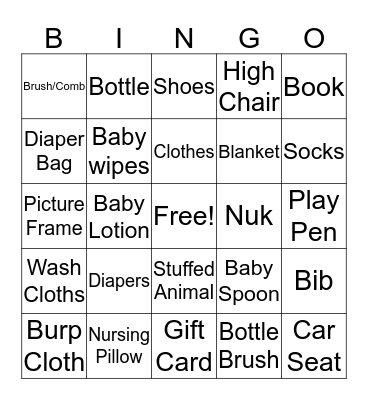 Baby K Bingo Card