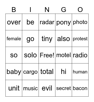 UFLI 66 Challenge words Bingo Card
