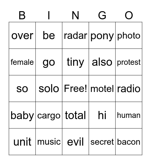 UFLI 66 Challenge words Bingo Card