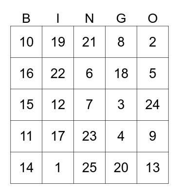 1-25 Bingo Card