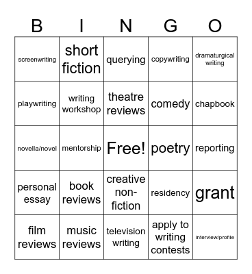 2026 Writing Goals Bingo Card