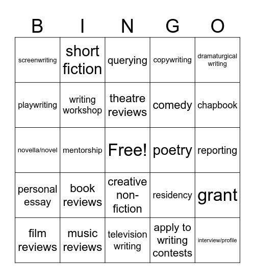 2026 Writing Goals Bingo Card