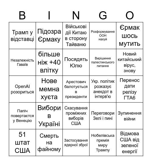 Бінго на 2026 Bingo Card