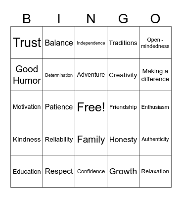 Values Bingo Card