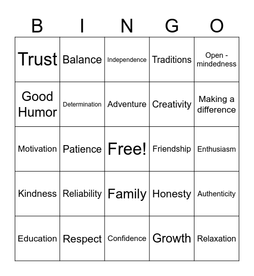 Values Bingo Card
