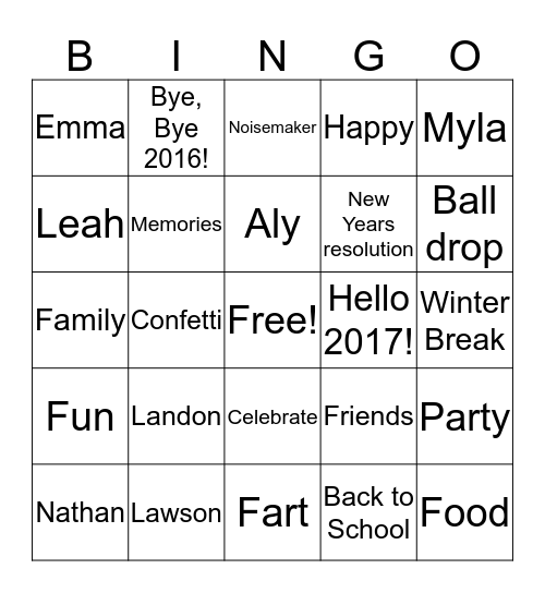 New Years 2017 Bingo Card