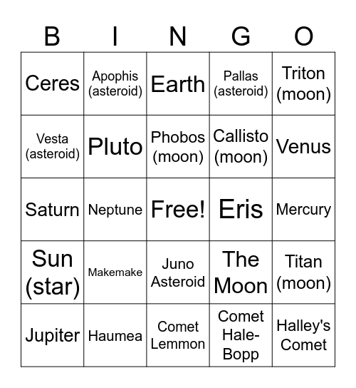 Celestial Objects Bingo Card