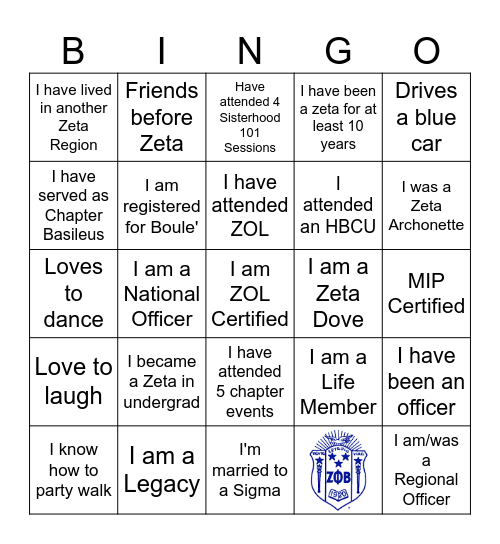 Zeta Phi Beta Sorority Bingo Card