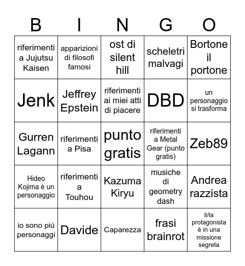 cose nel gioco Bingo Card