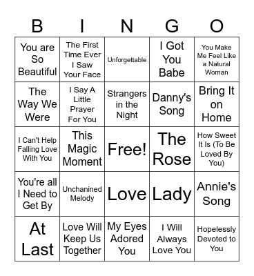 Love Songs Bingo Card
