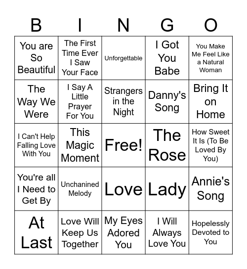 Love Songs Bingo Card