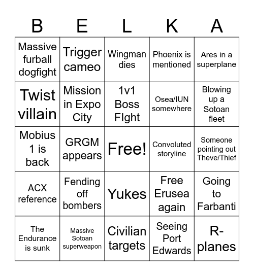 Ace Combat 8 Bingo Card