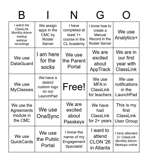 ClassLink User Group Bingo Card