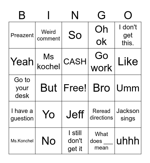 Class ahh bingo Card