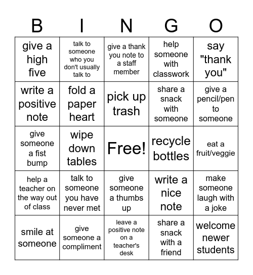 Kindness Bingo Card