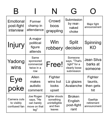 UFC 324 Bingo Card