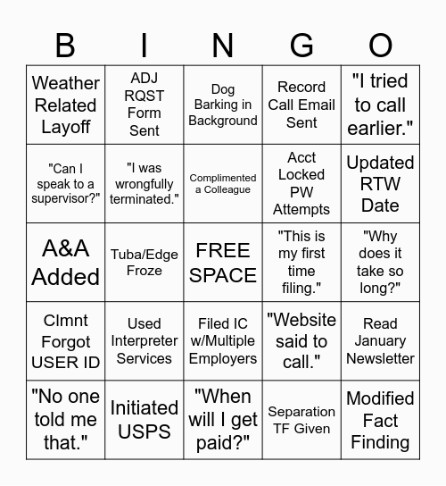UICC INTAKE Bingo Card