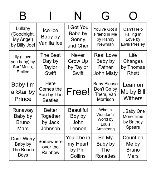 Baby Shower Music Bingo Card
