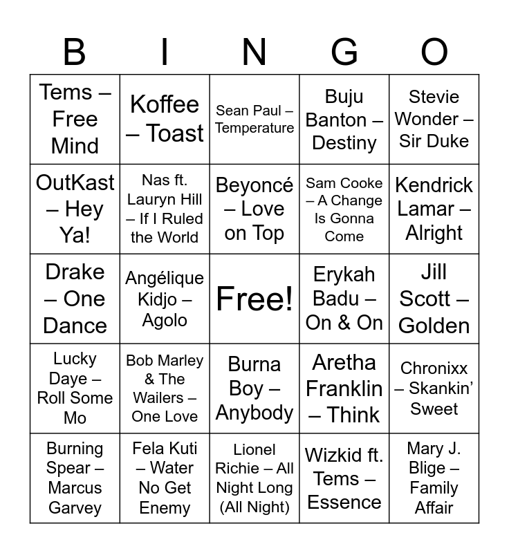 R&B Bingo - Round 2 Bingo Card